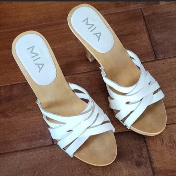 Vintage Mia White Leather and Wood Slip on Heels Shoes Sandals Sz 8 Strappy 90's - Picture 4 of 6